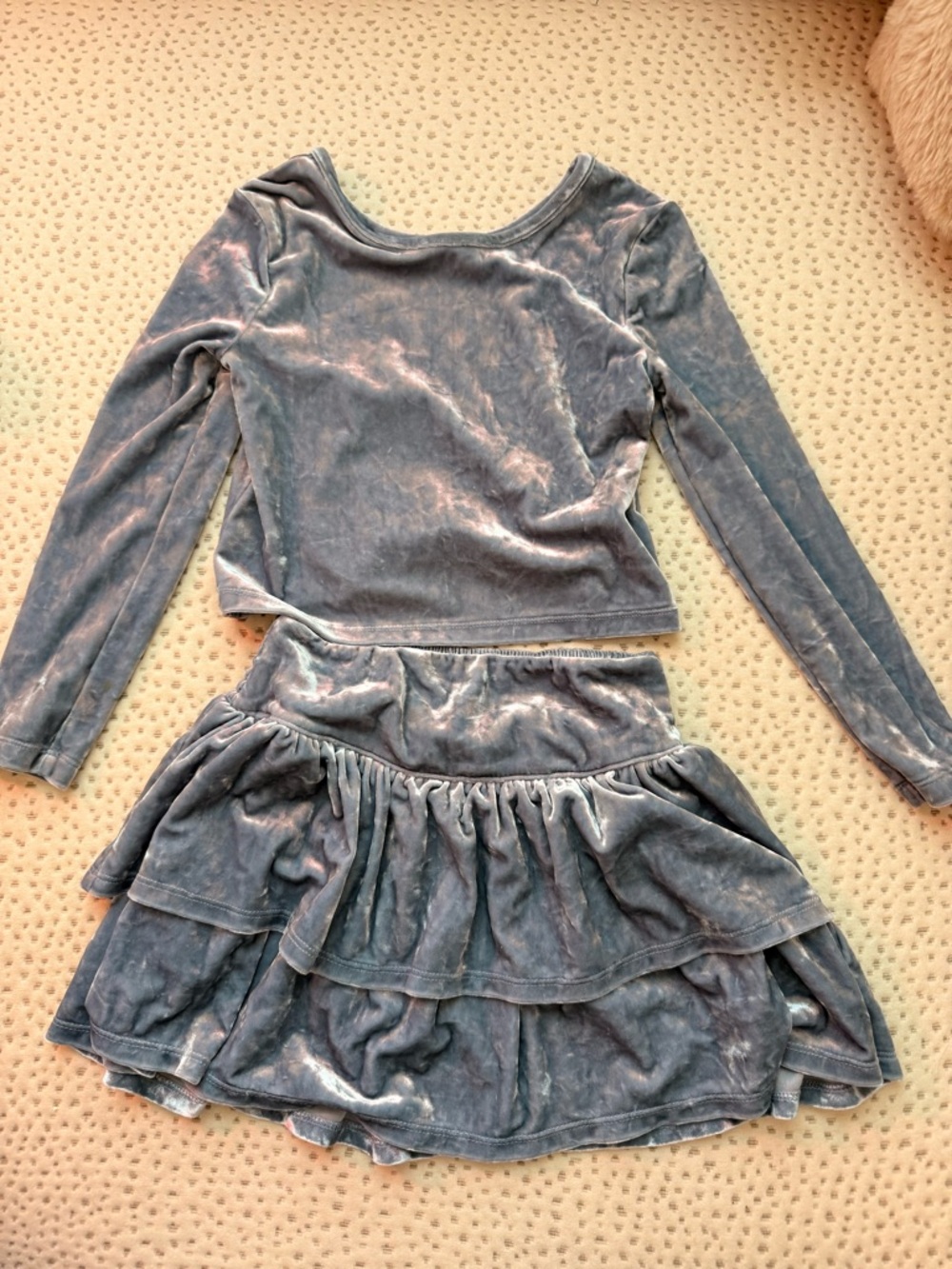Girls' Long Sleeve Crushed Velvet Top and Ruffle Skirt Set - metallic blue